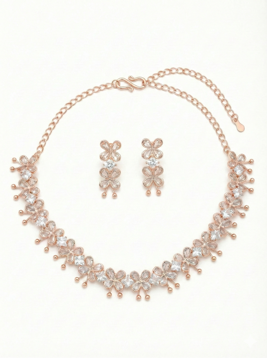 Close-up view of premium artificial Rose Gold Floral Crystal Necklace and Earrings Set by Innovate Art Impex.