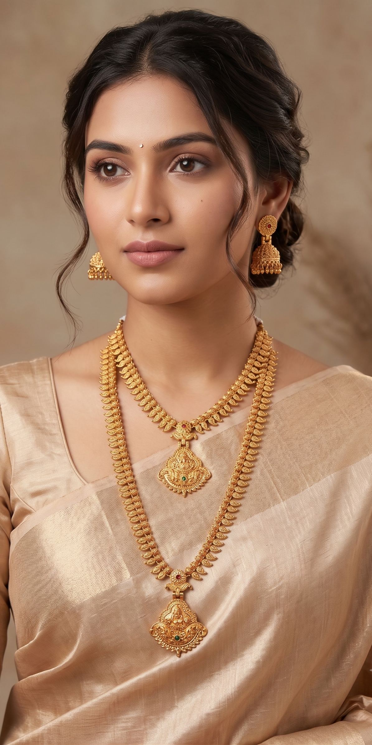 Young Indian female model wearing an elegant champagne silk saree, showcasing the traditional gold-plated layered temple jewelry set featuring a short choker, long haram, and matching Jhumka earrings.