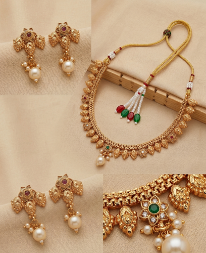 Close-up view of premium artificial Traditional Matte Gold Plated Temple Jewellery Necklace Set with Earrings for Women by Innovate Art Impex.