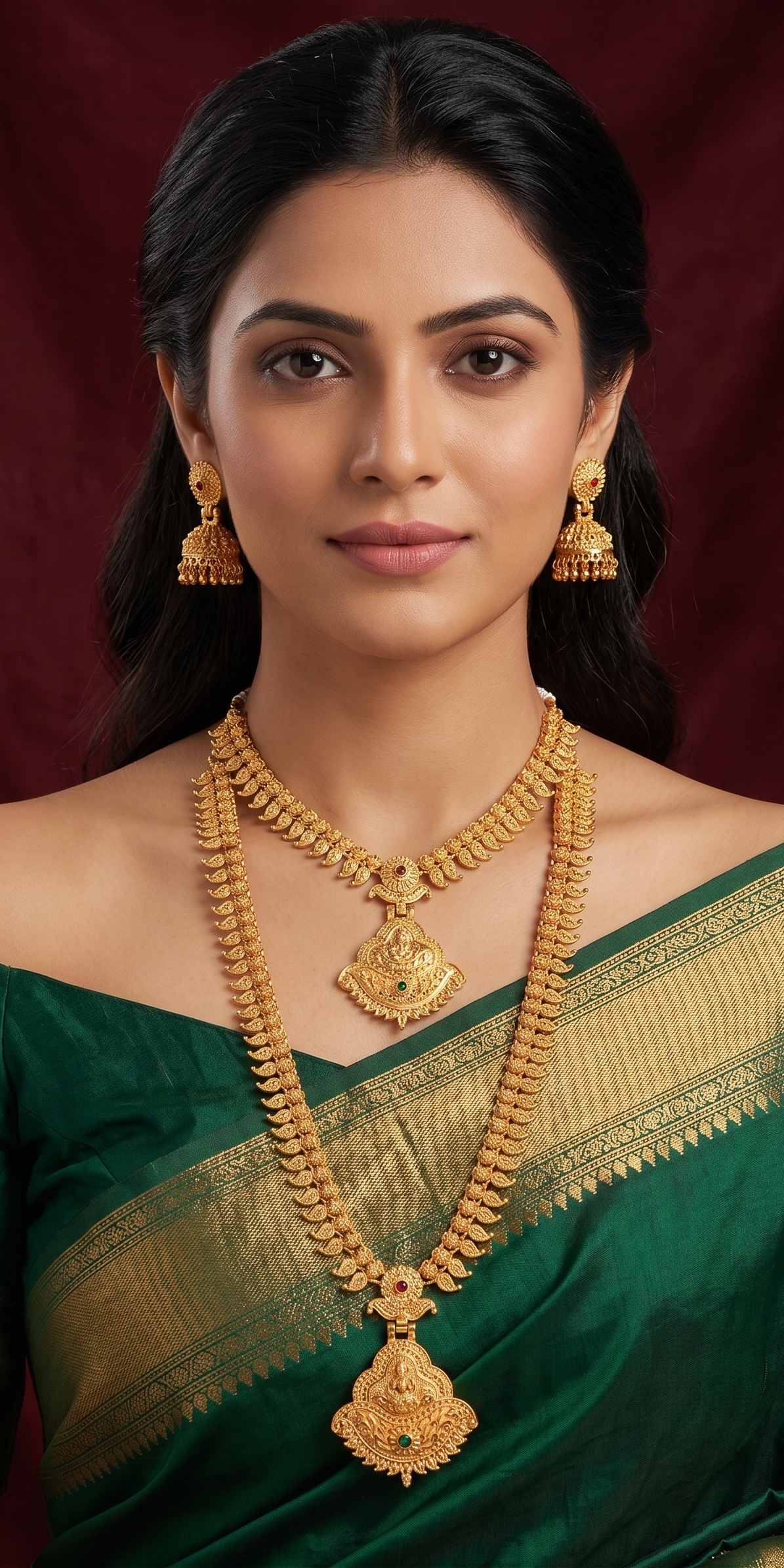 Beautiful Indian woman modeling a traditional dual gold temple necklace set and Jhumka earrings, paired with a rich dark green silk saree featuring a gold border against a deep burgundy background.