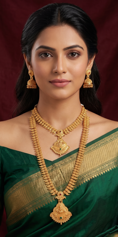 Beautiful Indian woman modeling a traditional dual gold temple necklace set and Jhumka earrings, paired with a rich dark green silk saree featuring a gold border against a deep burgundy background.
