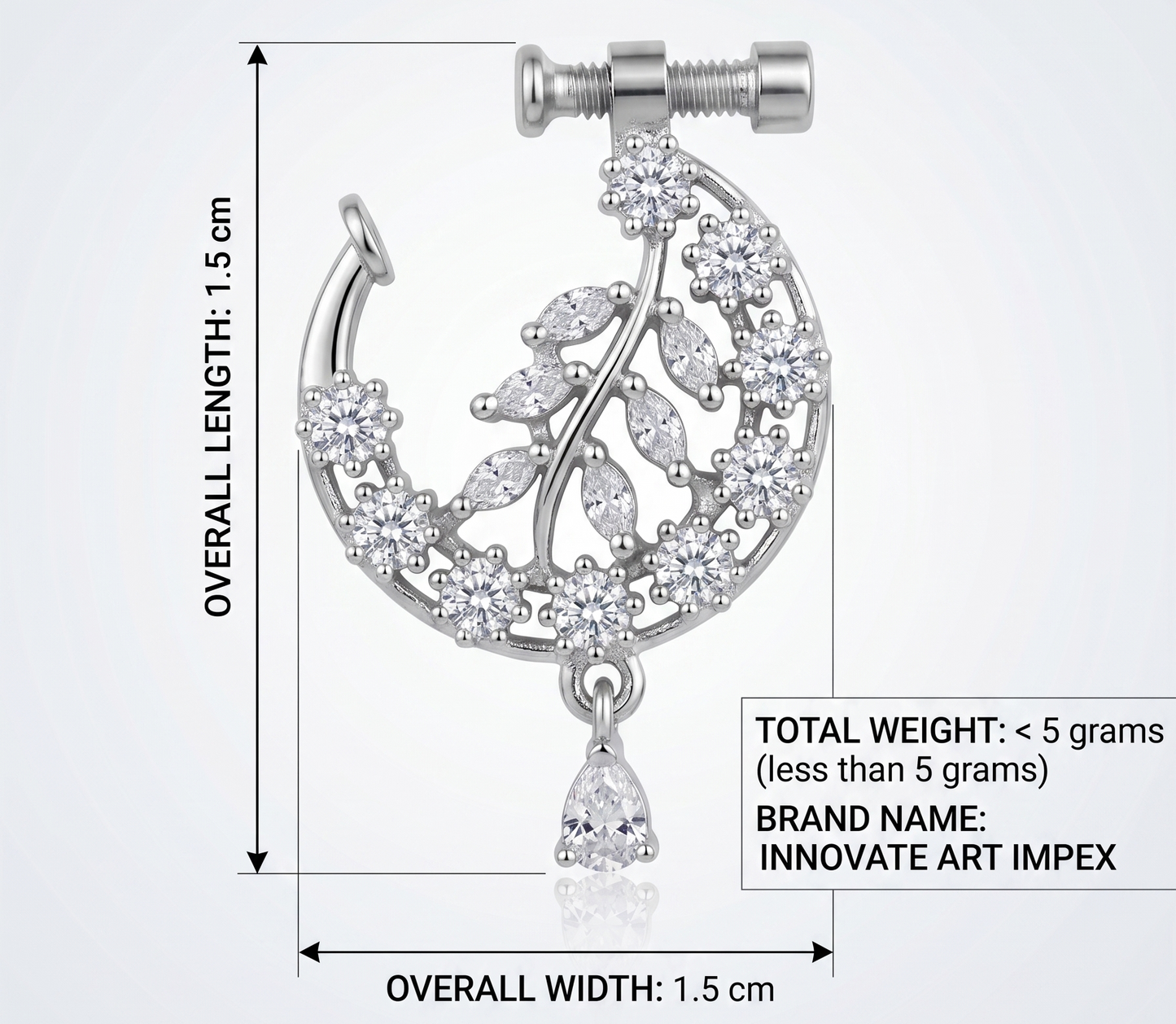 Silver earring with diamond-like stones and measurements on a white background