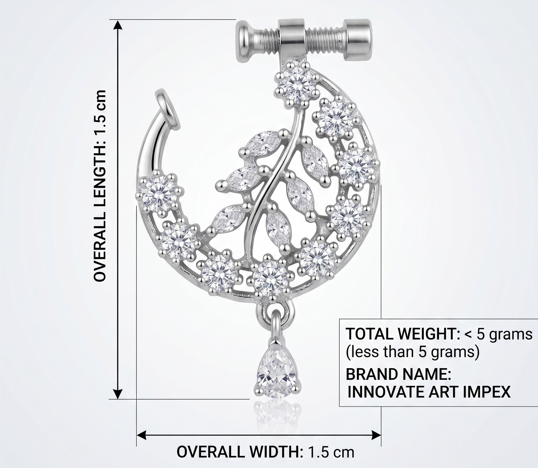 Silver earring with diamond-like stones and measurements on a white background