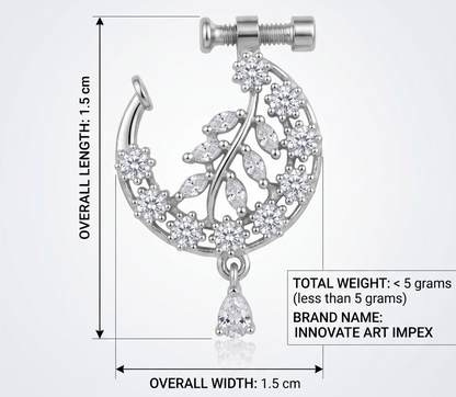 Silver earring with diamond-like stones and measurements on a white background