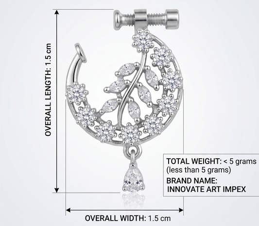 Silver earring with diamond-like stones and measurements on a white background