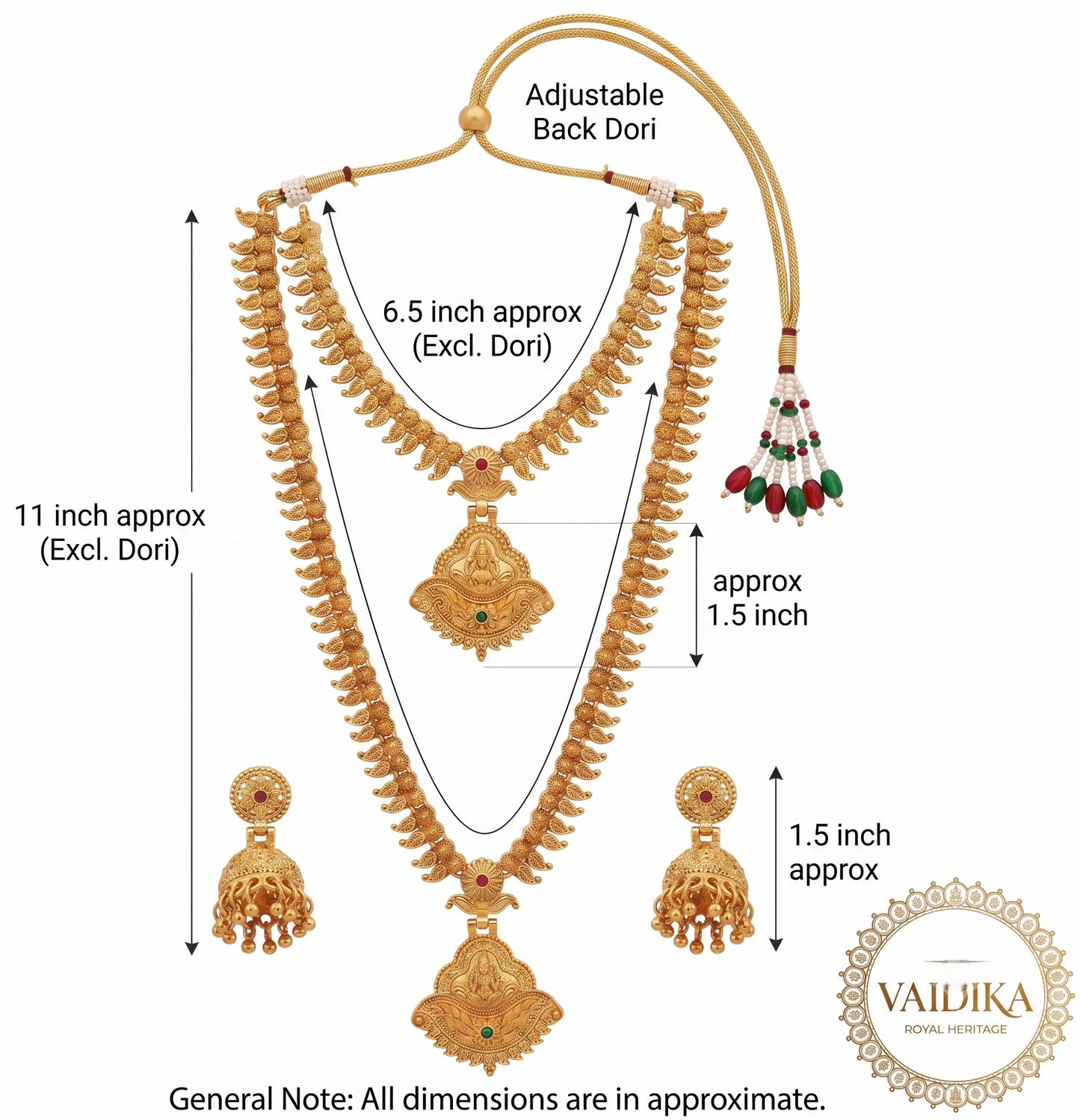 Dimension guide for the Vaidika Royal Heritage gold temple jewelry set showing an 11-inch drape for the long haram, a 6.5-inch drape for the short choker, and a 1.5-inch length for the deity pendants and Jhumka earrings.