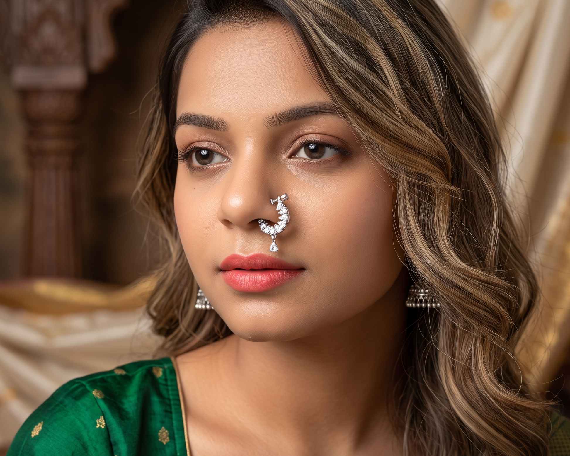 Woman wearing traditional jewelry with a decorative background