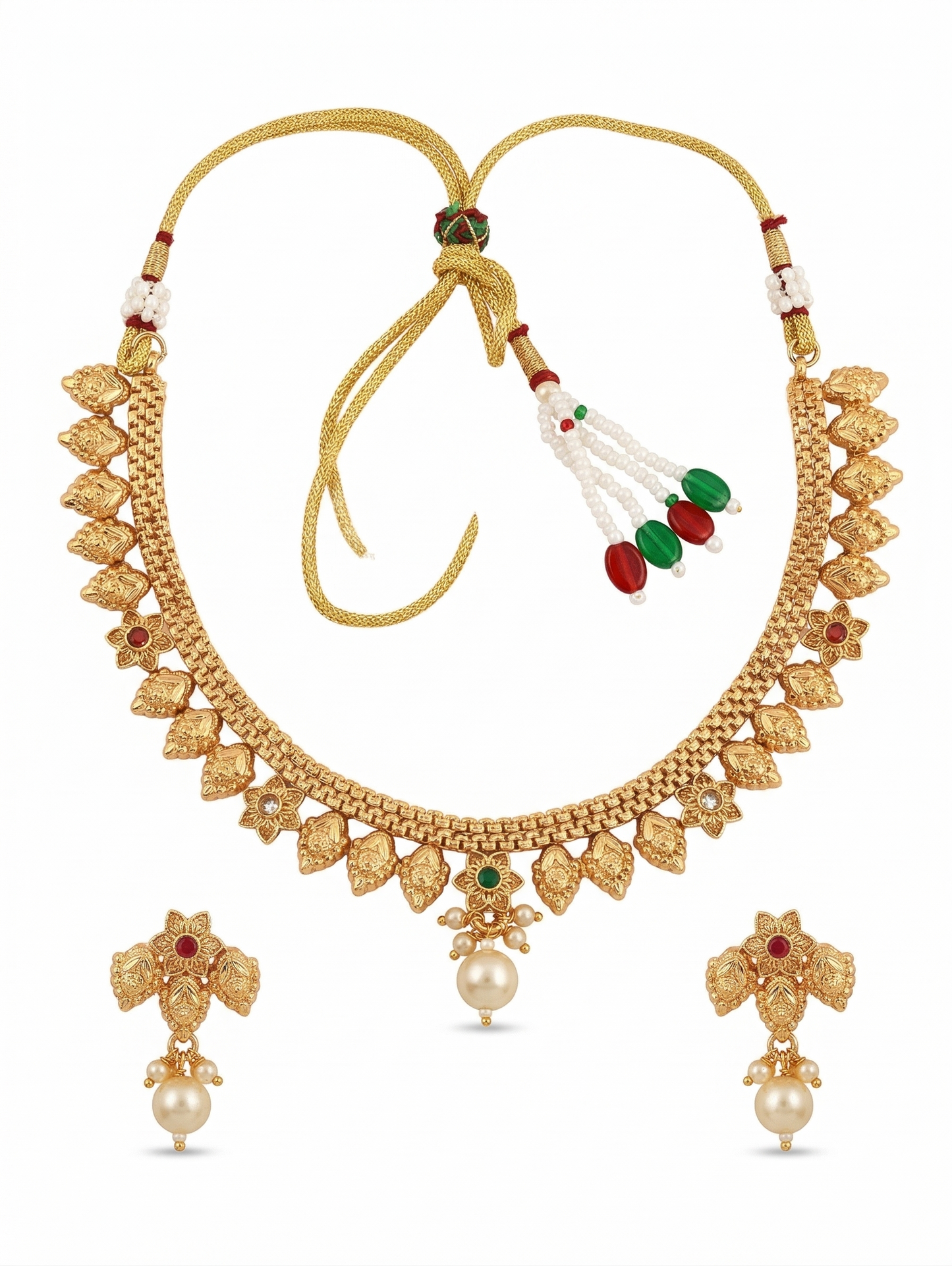 Close-up view of premium artificial Traditional Matte Gold Plated Temple Jewellery Necklace Set with Earrings for Women by Innovate Art Impex.