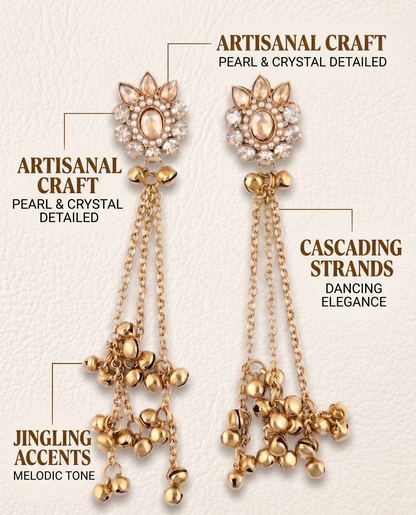 Gold earrings with pearl and crystal details on a beige background, featuring text describing their features.