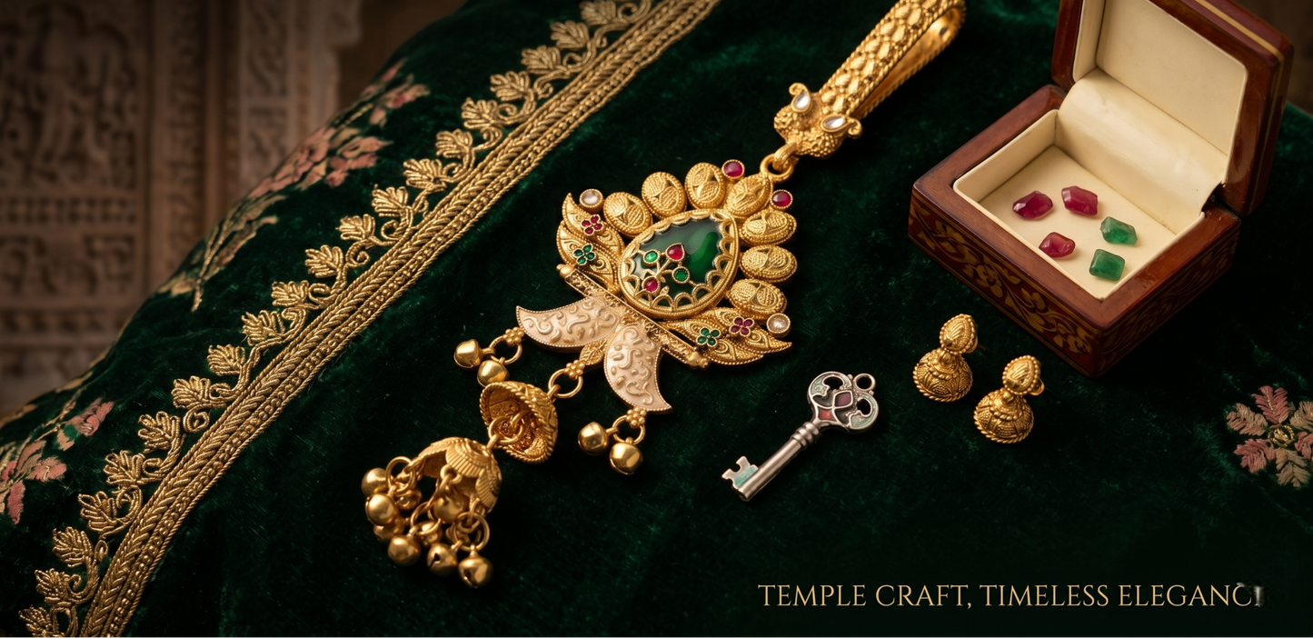 Gold jewelry set with a brooch, earrings, and key-shaped pendant on a green fabric background