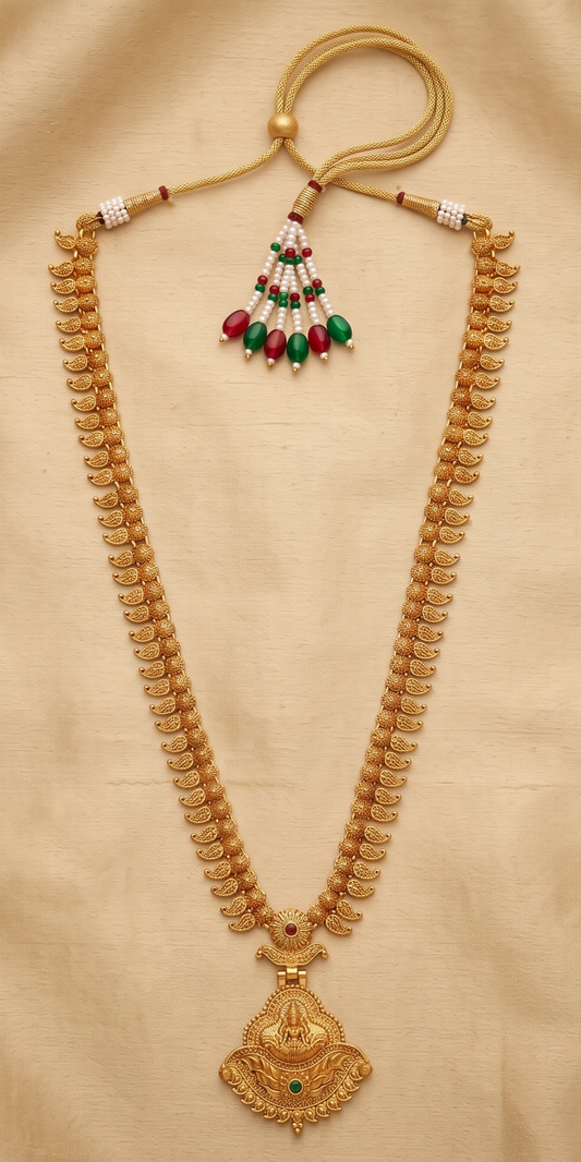 Gold-plated traditional long haram temple necklace with a classic mango leaf chain design, an intricately detailed deity pendant with red and green stones, and a multi-colored beaded adjustable dori.