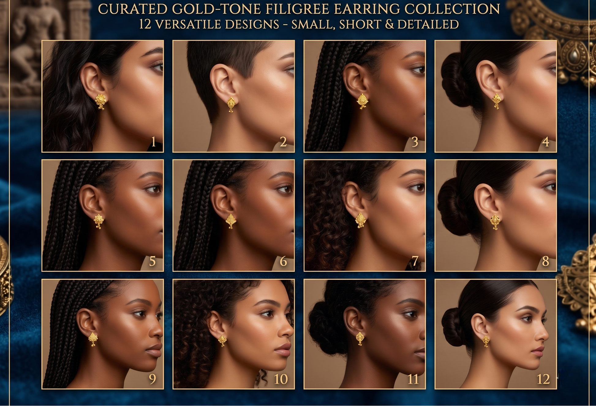 Earring collection with models wearing gold-tone filigree earrings on a blue background.