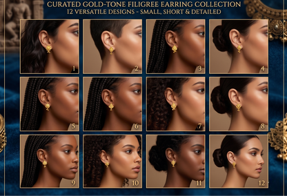 Earring collection with models wearing gold-tone filigree earrings on a blue background.