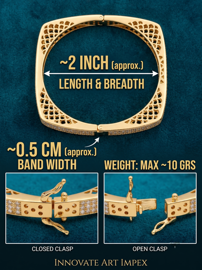 Close-up technical breakdown of the Innovate Art Impex square bracelet, displaying the 0.5 cm band width and open/closed clasp functions.