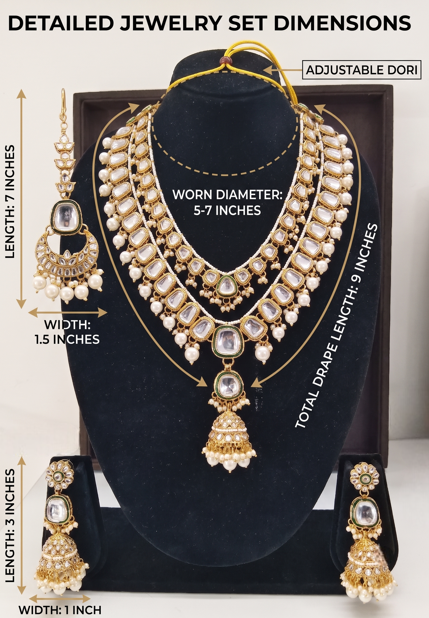 Product size guide for the artificial Kundan necklace set, detailing a 5 to 7-inch adjustable worn diameter, 9-inch drape length, and 3-inch jhumka earrings.