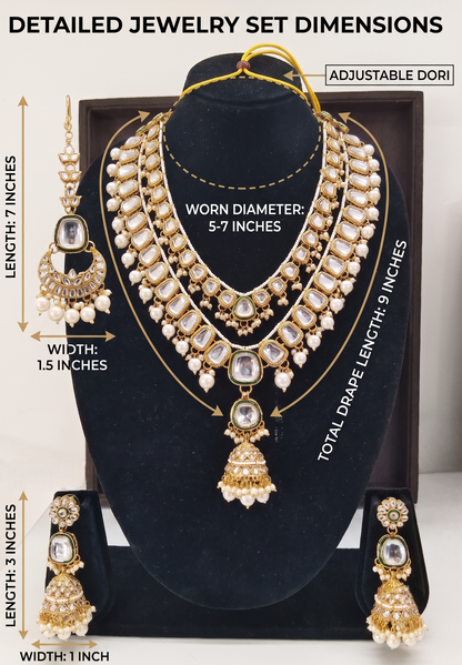 Product size guide for the artificial Kundan necklace set, detailing a 5 to 7-inch adjustable worn diameter, 9-inch drape length, and 3-inch jhumka earrings.