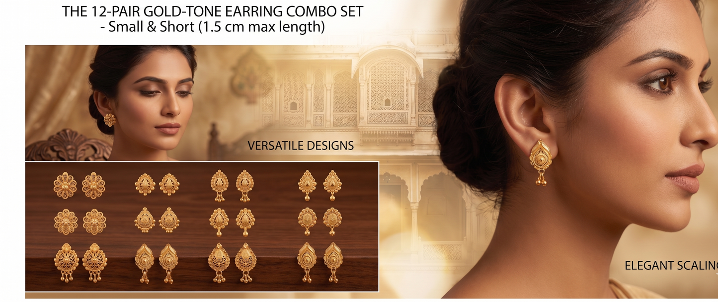 gold-tone earring combo set with a woman wearing earrings and a close-up of the earrings.