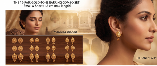 Innovate Art Impex gold-tone earring combo set with a woman wearing earrings and a close-up of the earrings.