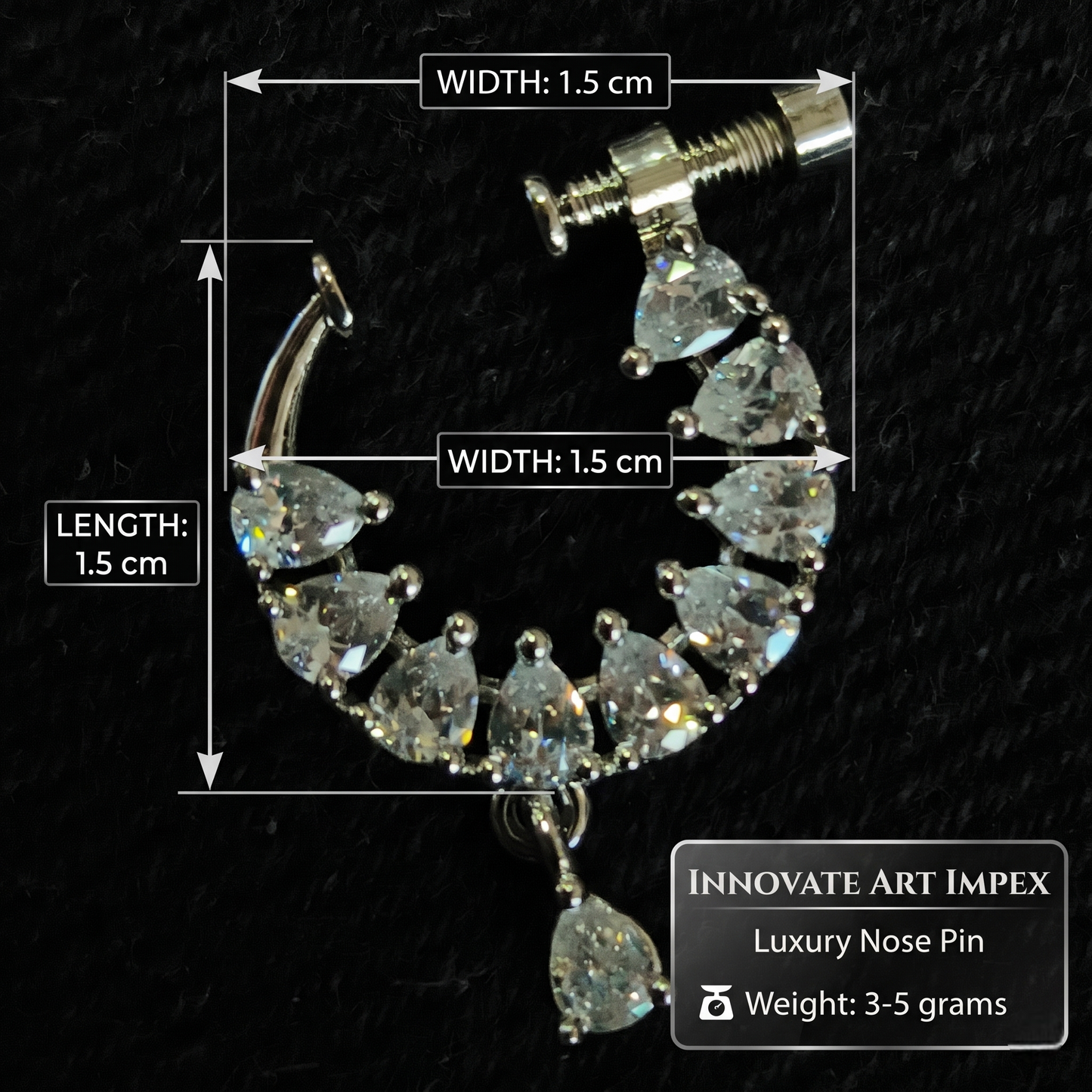 Luxury nose pin with dimensions and weight details on a black background
