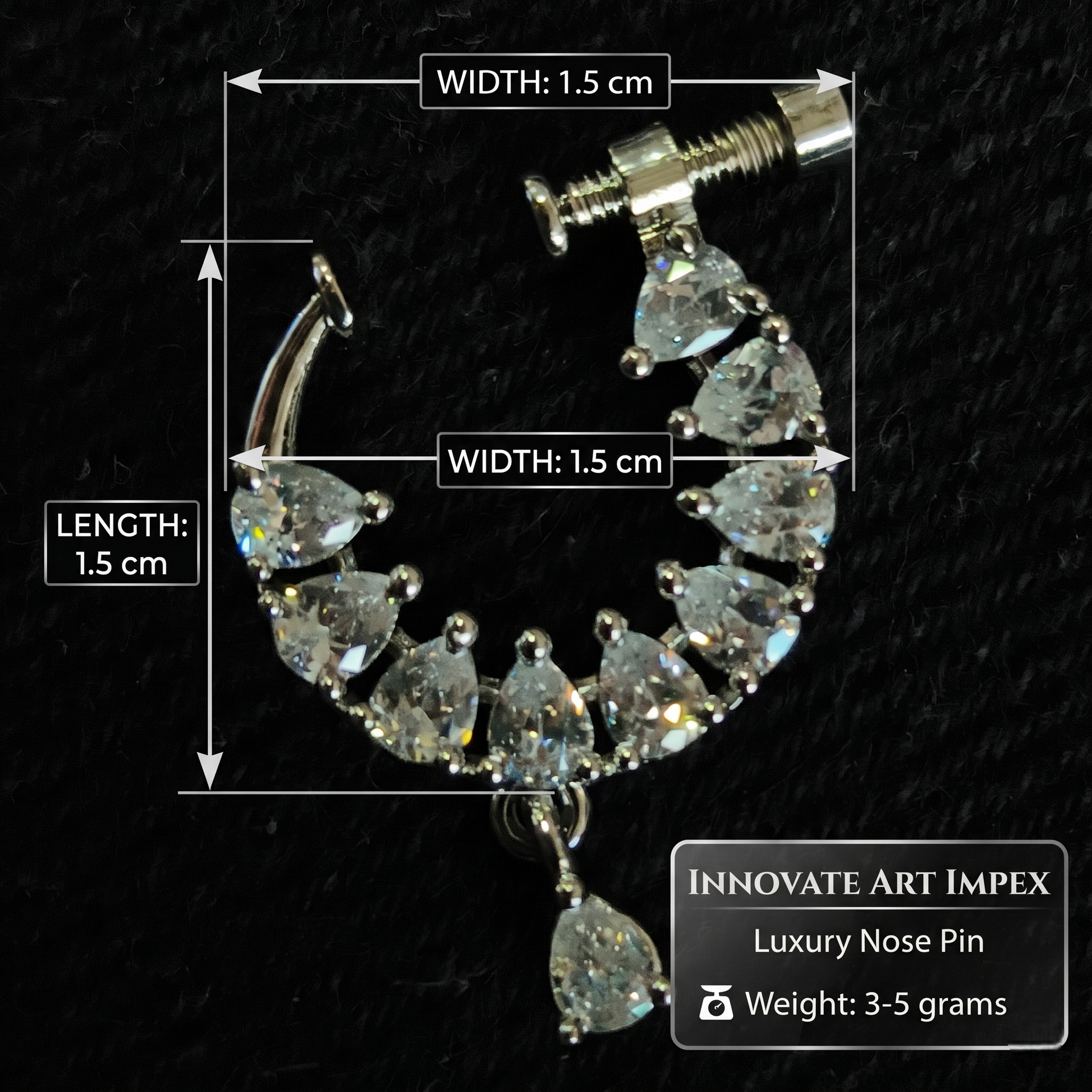 Luxury nose pin with dimensions and weight details on a black background