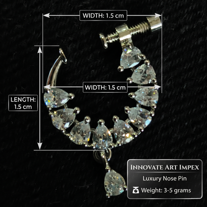 Luxury nose pin with dimensions and weight details on a black background