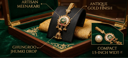 Jewelry set with gold and pearl design on a green velvet box, labeled 'Artisan Meenakari' and 'Antique Gold Finish'.