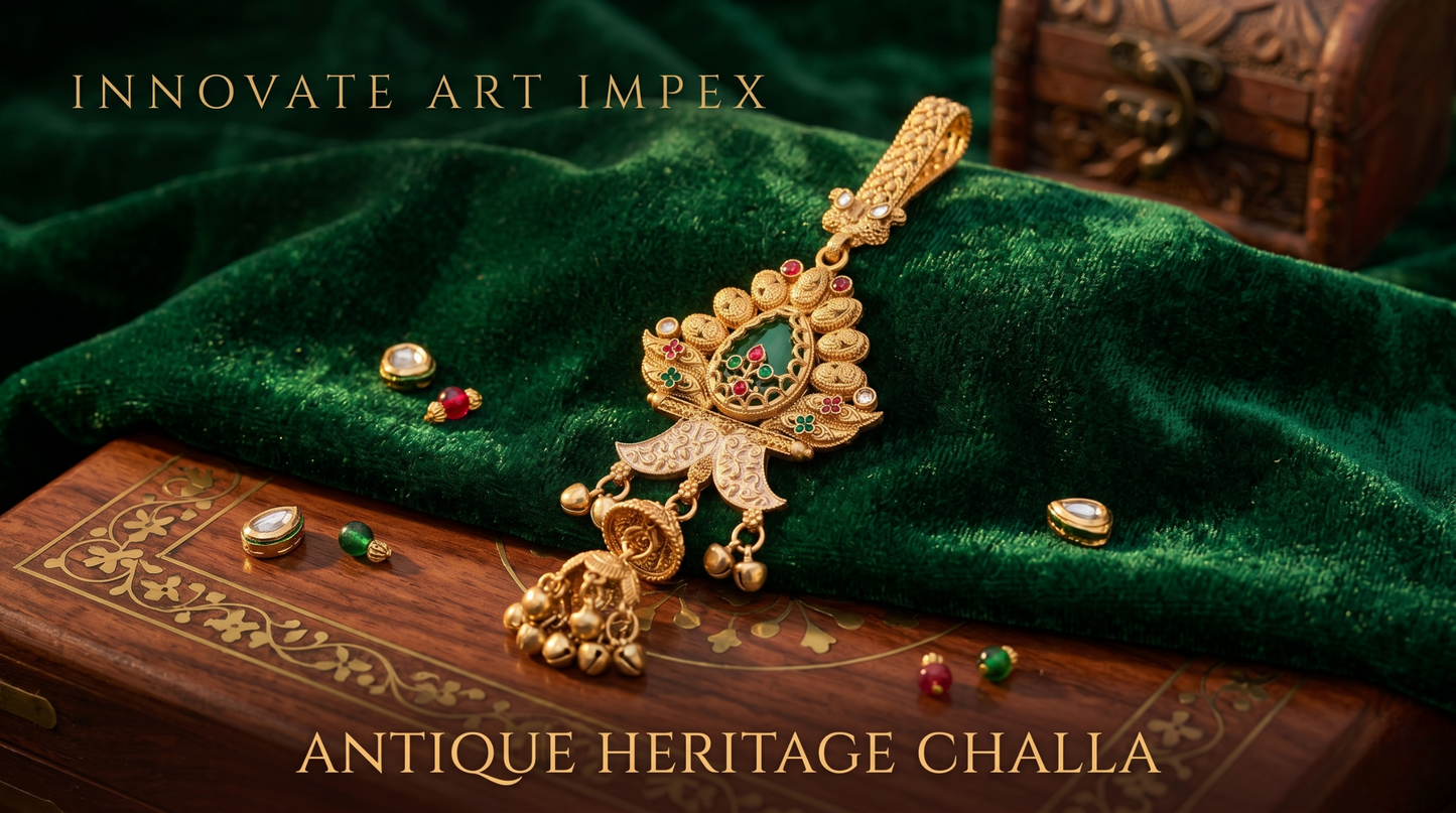 Traditional Antique Gold-Toned Meenakari Saree Challa Waist Keychain for Women | Artificial Ethnic Kamarbandh Ornament with Green Stone & Jhumki Drop | INNOVATE ART IMPEX