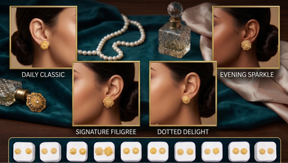 12-Pair Combo Set of Small Gold-Toned Filigree Stud Earrings for Women | Traditional Ethnic Daily Wear Petite Tops (1.5 cm) | Lightweight Imitation Fashion Jewellery in Individual 4x4 cm Gift Boxes | INNOVATE ART IMPEX