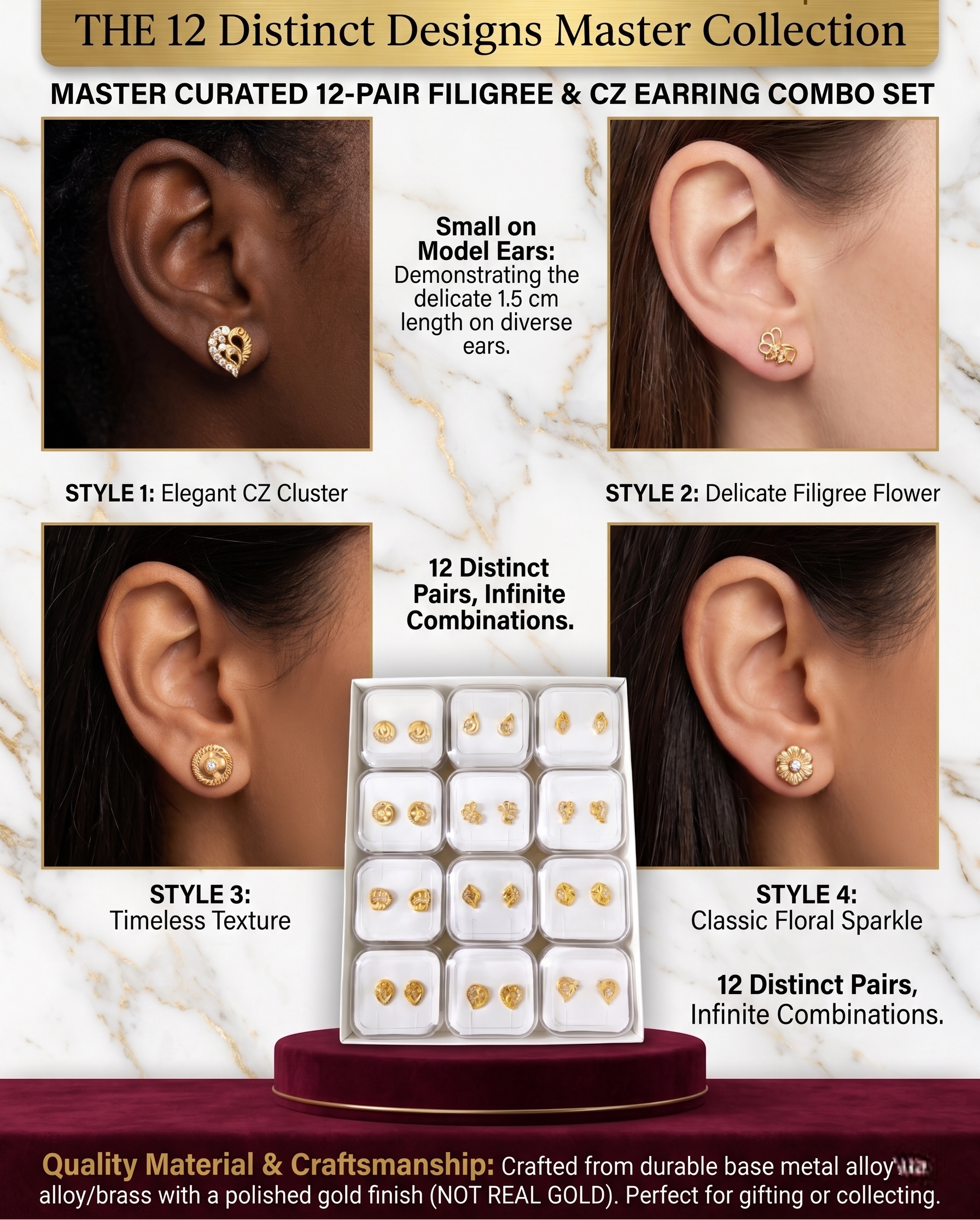 Earring set with product details.