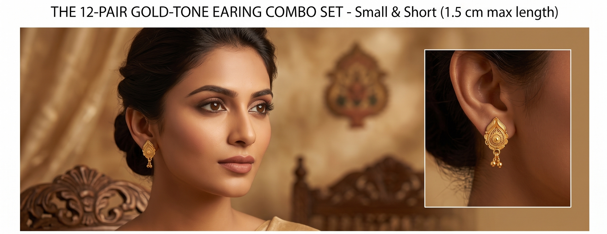 Innovate Art ImpeX gold-tone earring combo set with a woman wearing earrings and an inset of an ear.