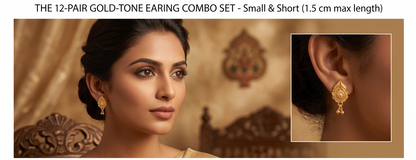 Innovate Art ImpeX gold-tone earring combo set with a woman wearing earrings and an inset of an ear.