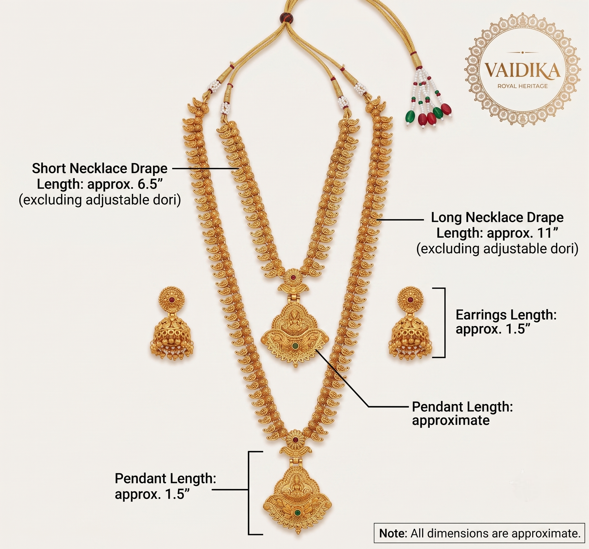 Dimension guide for the Vaidika Royal Heritage gold temple jewelry set showing an 11-inch drape for the long haram, a 6.5-inch drape for the short choker, and a 1.5-inch length for the deity pendants and Jhumka earrings.
