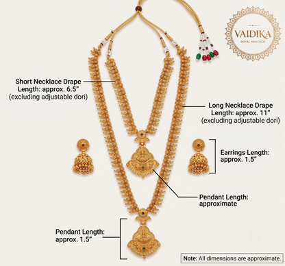 Dimension guide for the Vaidika Royal Heritage gold temple jewelry set showing an 11-inch drape for the long haram, a 6.5-inch drape for the short choker, and a 1.5-inch length for the deity pendants and Jhumka earrings.