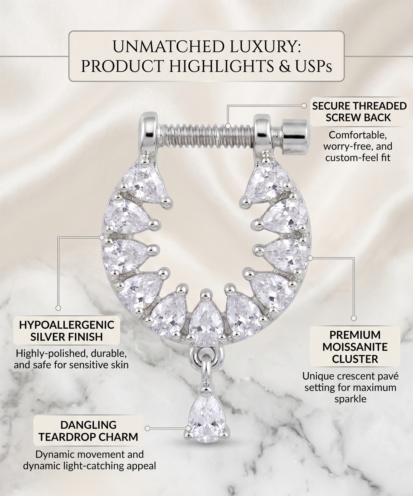 Icy Pear-Cut CZ Crescent Nose Pin