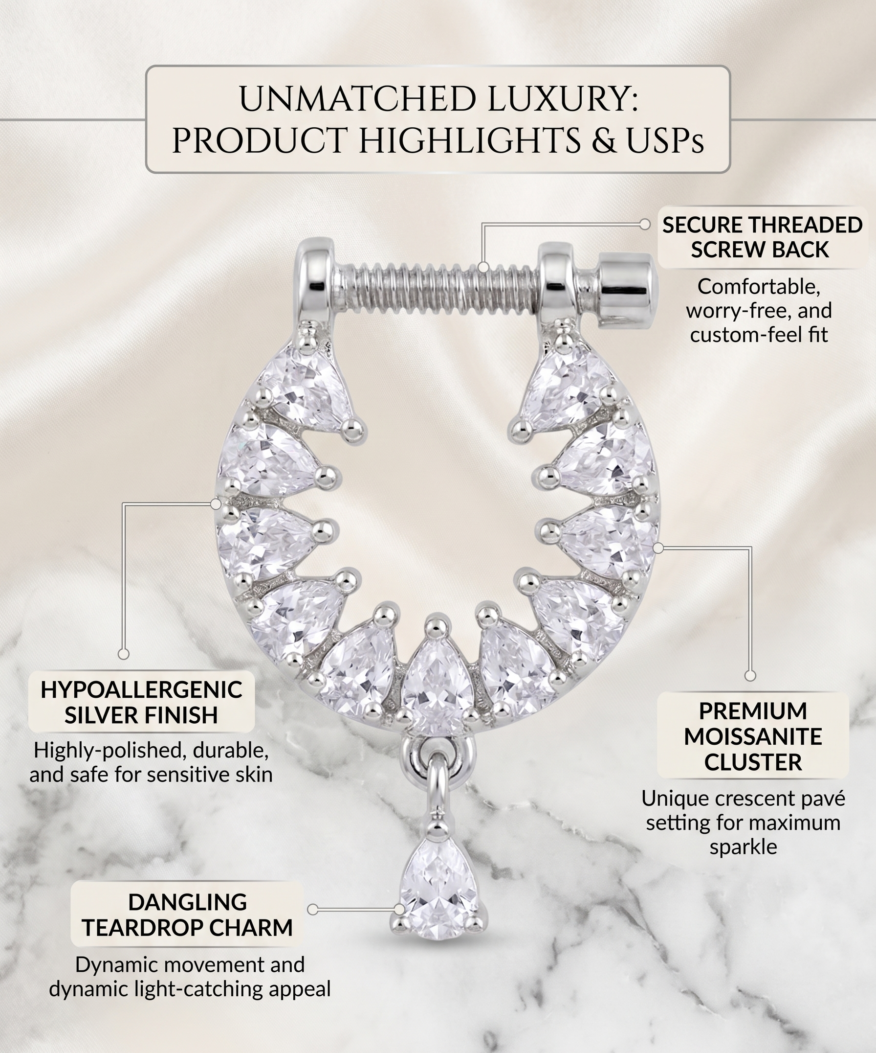 Icy Pear-Cut CZ Crescent Nose Pin