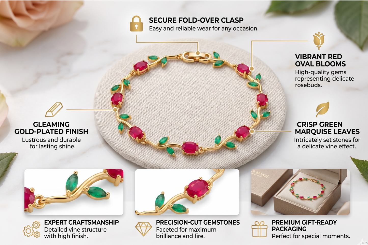 Gold-Toned Botanical Vine Link Bracelet with Premium Red Stones & Green CZ Accents