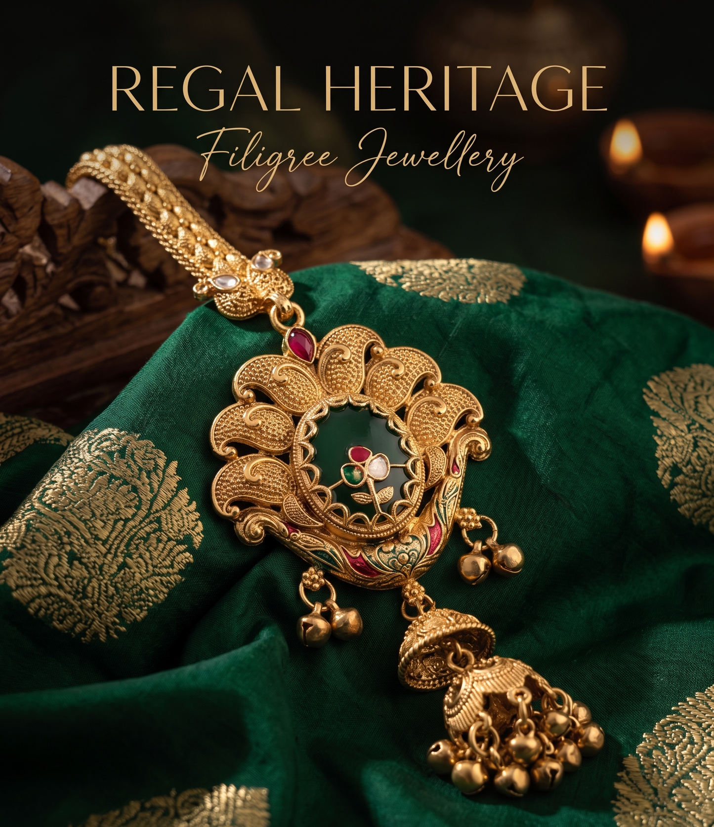 Gold filigree necklace on a green fabric with 'Regal Heritage' text