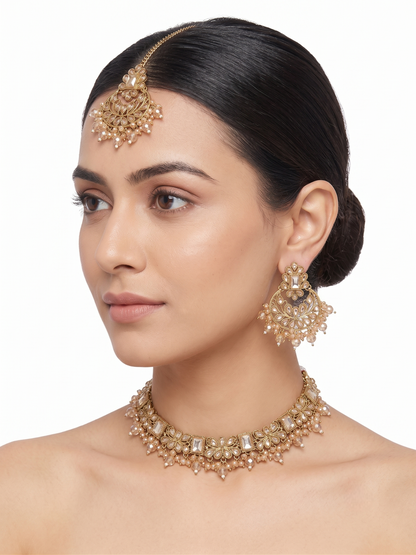 Antique Gold Toned Artificial Kundan Choker Necklace Set