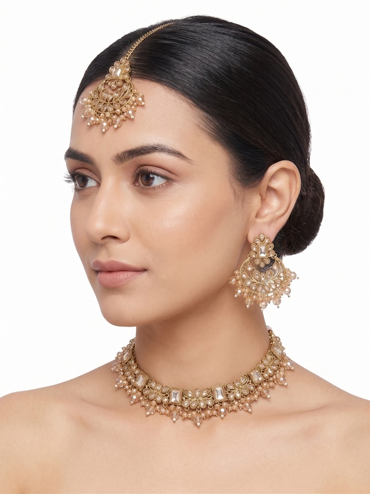 Antique Gold Toned Artificial Kundan Choker Necklace Set