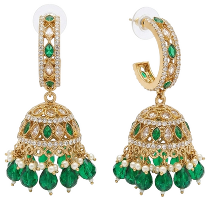 Front and angled view of gold-toned fusion hoop jhumka earrings featuring emerald green marquise stones, clear pavé crystals, and green teardrop bead dangles by Vaidika on a white background.
