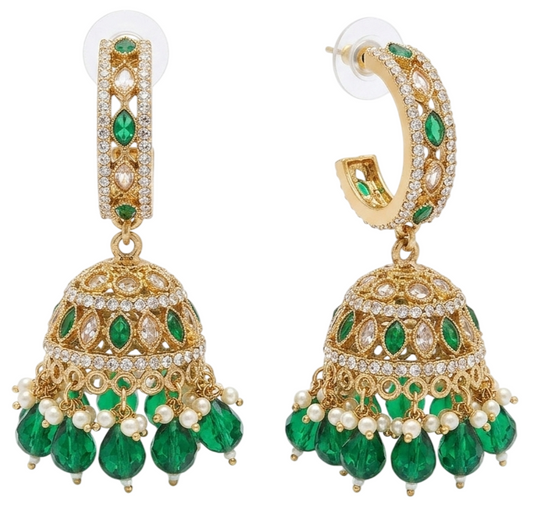 Front and angled view of gold-toned fusion hoop jhumka earrings featuring emerald green marquise stones, clear pavé crystals, and green teardrop bead dangles by Vaidika on a white background.