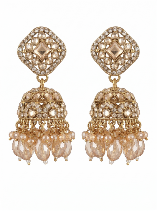 Close-up view of premium artificial Elegant Square-Shaped Kundan Studded Jhumka Earrings for Party and Festive Wear. by Innovate Art Impex.