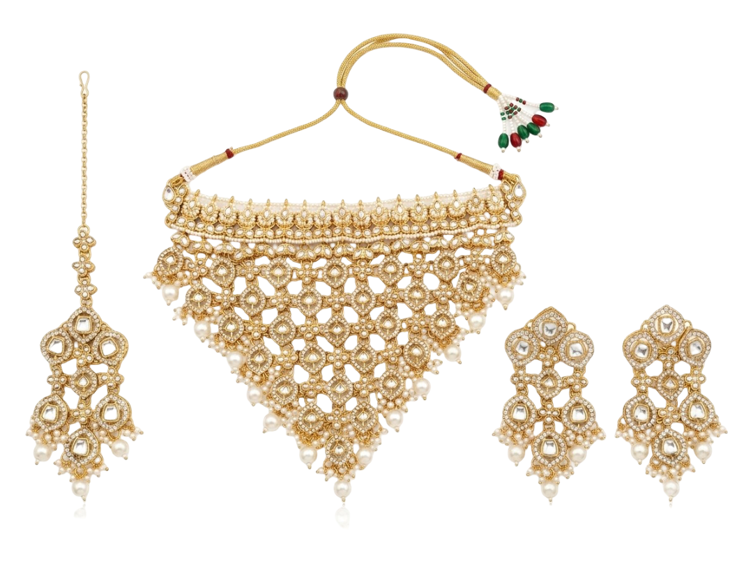 Gold-toned traditional jewelry set on a white background, including a necklace with a long chain and tassel, a matching dangling earring, and a pair of matching earrings decorated with clear stones and small red and green bead accents.