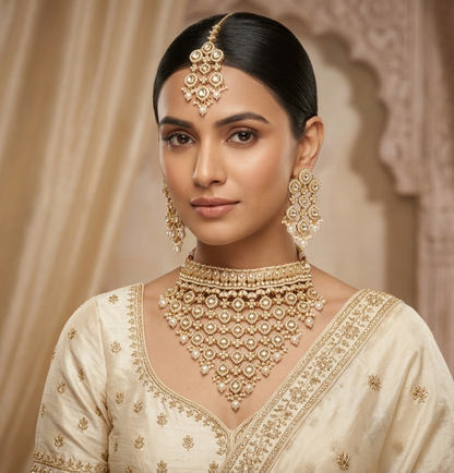 A woman wearing an ornate gold-toned traditional jewelry set with a maang tikka, large earrings, and a statement necklace, paired with a cream-colored embroidered blouse, set against a soft beige architectural background.
