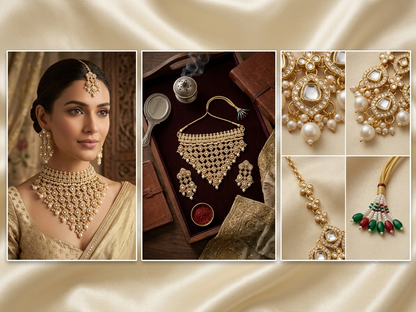 A collage showcasing traditional Indian gold jewelry with white pearls and green/red stone accents. The left panel shows a woman wearing a matching pearl necklace and maang tikka.