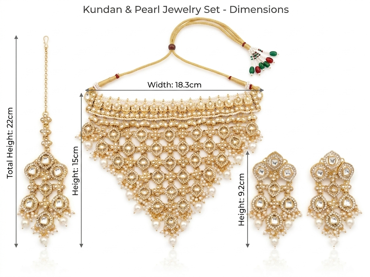 Gold Kundan and pearl jewelry set with dimension labels showing the necklace, dangling earrings, and matching earrings. The image includes text with measurements: total height 22cm, necklace width 18.