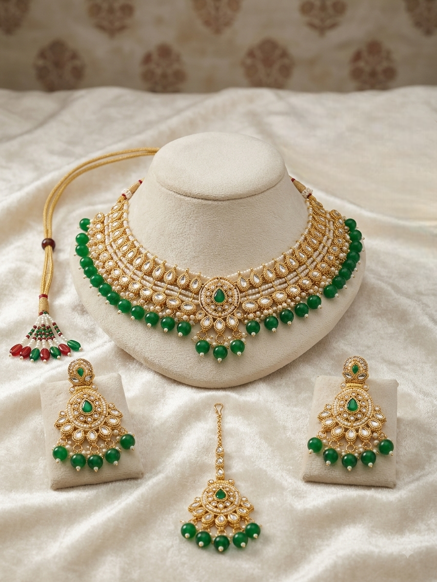 Gold and green traditional Indian jewelry set displayed on a cream-colored mannequin bust and small stands, including a necklace, earrings, and a dangling maang tikka, arranged on a white satin fabric background.