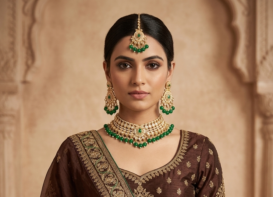 A woman wearing traditional Indian jewelry, including a gold-toned maang tikka, matching earrings, and a choker necklace with green stones, paired with a brown embroidered blouse, set against a warm beige architectural background.