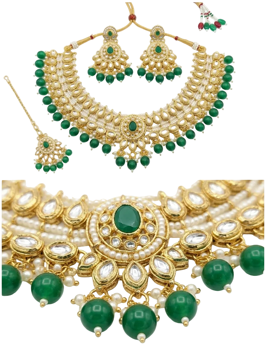 Gold and white pearl traditional Indian jewelry set with green stones, including a necklace, earrings, and a matching maang tikka, shown on a white background with a close-up detail view.
