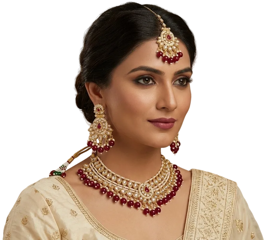 A woman wearing an ornate gold-toned traditional necklace with matching drop earrings and a headpiece, decorated with white stones and deep red beads, set against a soft beige background.